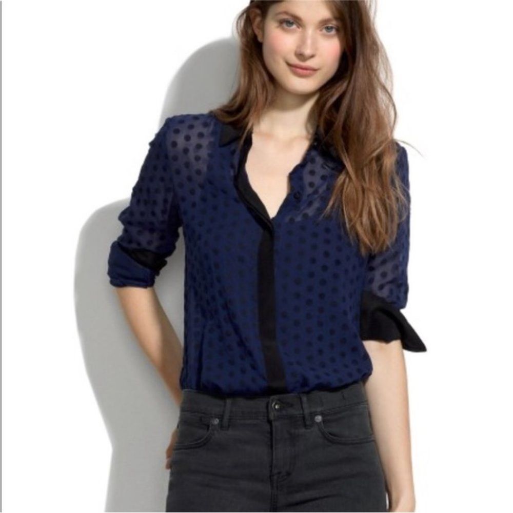 Madewell Blue Sheer Velvet Polkadot Silk Blouse Size XS